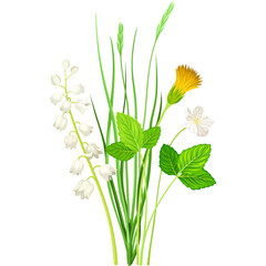 A Delicate Spring Botanical Arrangement Featuring White Lily of the Valley Green Grass and a Yellow Flower with Clover Leaves on a Transparent Background