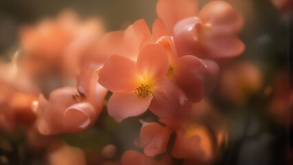 Painterly macro shot of flowers, ethereal glow, cinematic lighting, blurred textures, surreal atmosphere, fine art photography