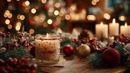 Christmas decorations, candles, pine branches, red and gold ornaments, soft bokeh lights, studio lighting.