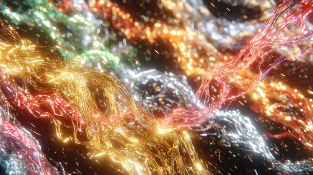 Glowing, colored filaments create a textured, abstract visual