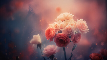 Painterly macro shot of flowers, ethereal glow, cinematic lighting, blurred textures, surreal atmosphere, fine art photography