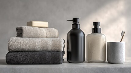 Beautiful bathroom essentials on a clean countertop bottles, towels, soap dispenser, toothbrush holder. Simple style, soft natural light, neutral tones, no text or logos.