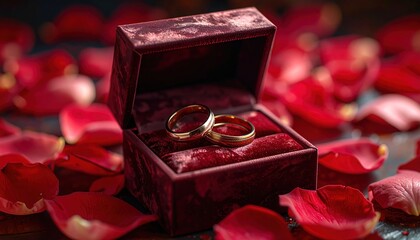 Gold rings in velvet box with rose petals