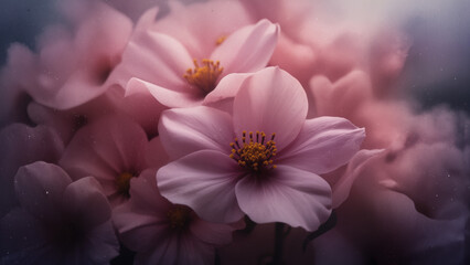 Painterly macro shot of flowers, ethereal glow, cinematic lighting, blurred textures, surreal atmosphere, fine art photography