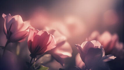 Painterly macro shot of flowers, ethereal glow, cinematic lighting, blurred textures, surreal atmosphere, fine art photography