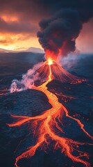 Fototapeta premium A volcanic eruption spewing lava streams at twilight