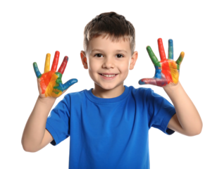 Smiling boy with colorful painted hands against a black background, showcasing bright primary colors