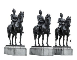 Three equestrian statues of rulers atop marble bases. Dark sculptures against a cloudy background