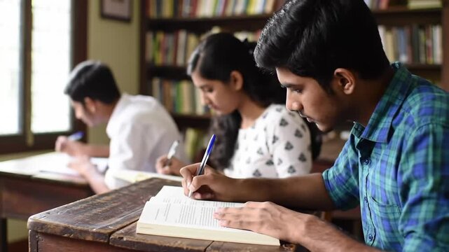 Three Students Studying in Library with Books and Window Light