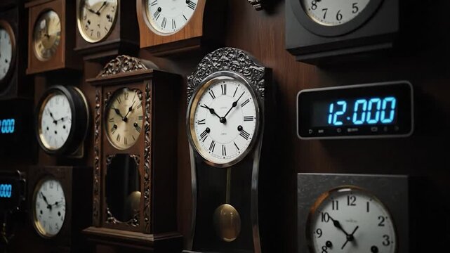 A wall adorned with various analog and digital clocks, showing different times and aesthetics