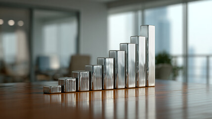 A bar graph rises as a sleek, shiny physical structure from a modern desktop, blending data visualization with tangible design. The scene symbolizes clarity, progress, and the fusion of technology wit