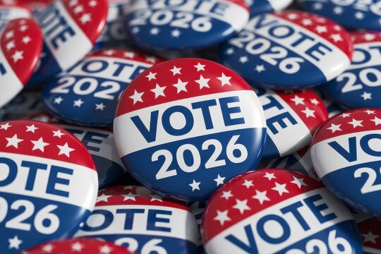 Close up of many vote 2026 election campaign buttons with stars theme