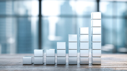 A bar graph rises as a sleek, shiny physical structure from a modern desktop, blending data visualization with tangible design. The scene symbolizes clarity, progress, and the fusion of technology wit