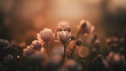 Macro shot of flowers with artistic blur, warm highlights, cool shadows, surreal dreamy mood, cinematic depth