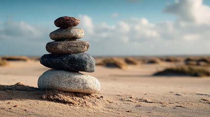 Fototapeta premium zen stone stack balanced on a sandy shore, evoking calm, mindfulness, harmony, and meditative tranquility by the water’s edge