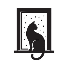 Cute cat silhouette looking outside the window during snowfall cozy winter season pet art design for wall decoration