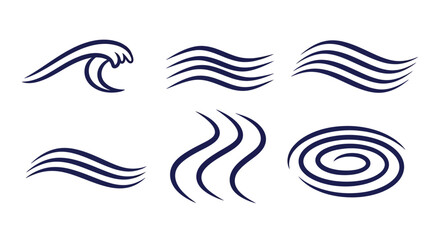 Obraz premium Set of six different wave designs in dark blue on white.