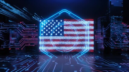 Digital representation of the American flag within a glowing hexagonal frame, set against a circuit board background. - Powered by Adobe