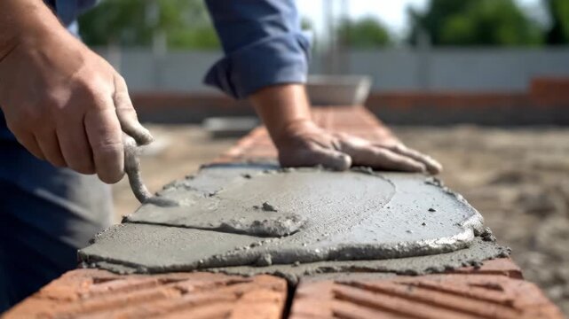 Close-up shot of a construction worker applying mortar to a brick surface with a trowel.