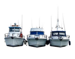Three fishing boats face forward, featuring cabins, masts, and navigational equipment against a dark, obscured background