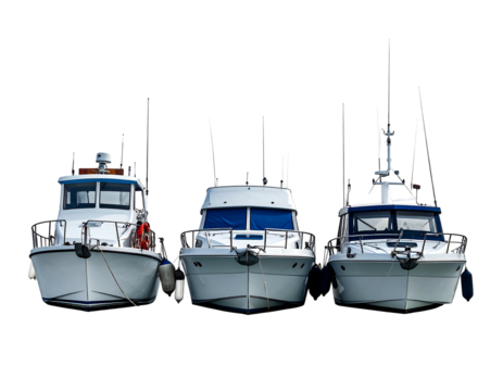 Three fishing boats face forward, featuring cabins, masts, and navigational equipment against a dark, obscured background