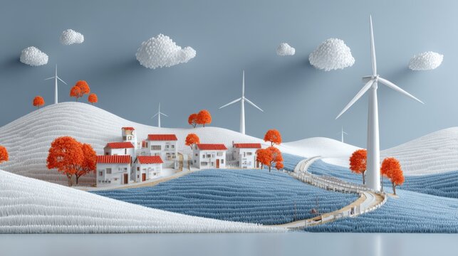Papercraft diorama of a village with wind turbines, blue and white, representing sustainable energy and rural life
