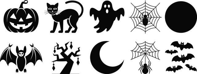 Halloween icon set with pumpkin, black cat, ghost, spider web, bat, moon and tree, spooky vector illustration design