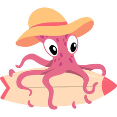 Cartoon Pink Octopus Wearing A Straw Hat Sitting On A Surfboard With Big White Eyes And Pink Spots