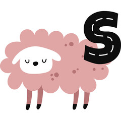 Cartoon Pink Sheep with Closed Eyes and a Black Letter S on its Back Against a Transparent Background