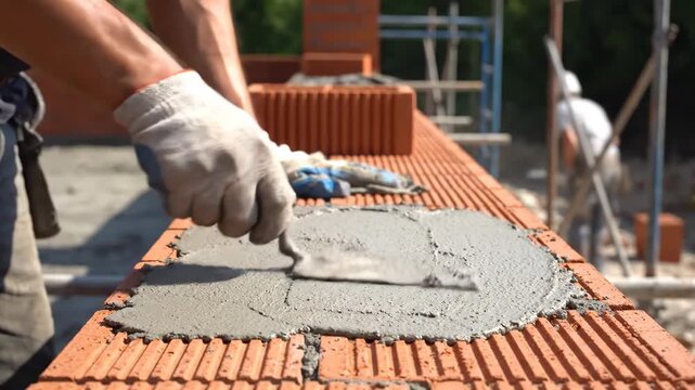 Close-up of a construction worker applying mortar to bricks with a trowel.