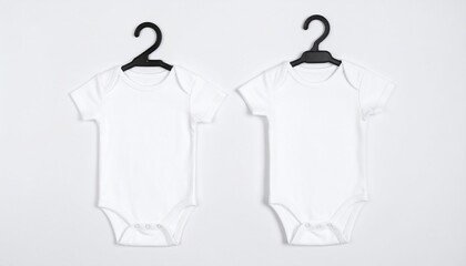White baby bodysuits hanging on black hangers against a minimalistic white backdrop
