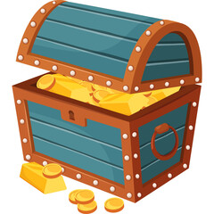 Cartoon Open Treasure Chest Filled With Gold Bars and Coins On Transparent Background
