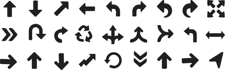 Arrow icons vector set featuring various directions, rotations, and navigation symbols for interface, map, and design use.