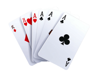 Playing card hand, full house king and four aces. Angled view, isolated on black