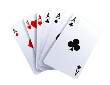 Playing card hand, full house king and four aces. Angled view, isolated on black