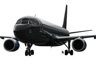 Sleek, all-black passenger airplane with engine detail. A dark and stylish view of modern flight and air travel