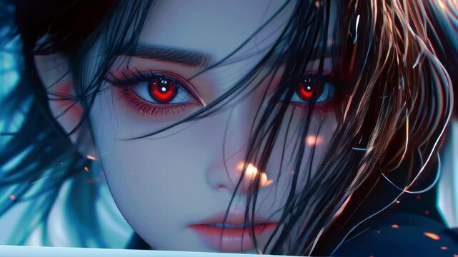 Intense warrior with striking red eyes wields sword, dark hair flowing dramatically, exuding strength and cinematic presence in mystical realm