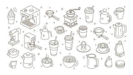 Fototapeta premium Coffee Culture: Hand-Drawn Line Art of Coffee Making and Serving Essentials