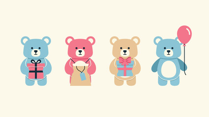 Naklejka premium Cute Cartoon Teddy Bears with Gifts and Balloon