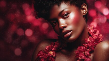 Elegant Beauty with Red Floral Accents and Glamorous Makeup Against Sparkling Background