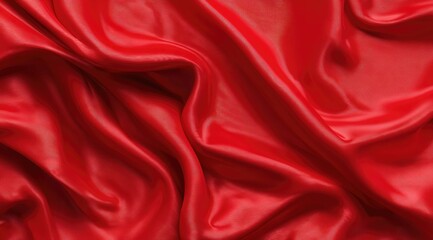 A rich, vibrant red silk fabric drapes in elegant folds, showcasing a luxurious texture and smooth surface.