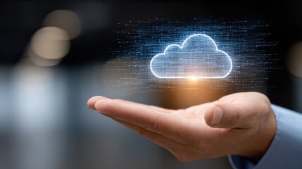 Futuristic Cloud Technology Concept: Hand Holding Digital Cloud Hologram for Data Storage Solutions
