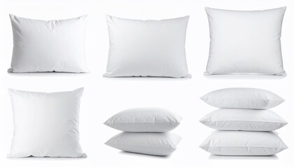 Variety of pristine white pillows arranged against a spotless background for use
