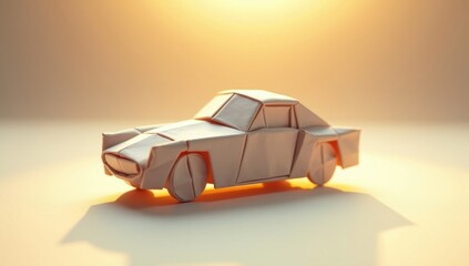 Crafted from paper, a minimalist origami automobile showcases an elegant form, enhanced by warm, soft lighting and gentle shadows that define its edges.