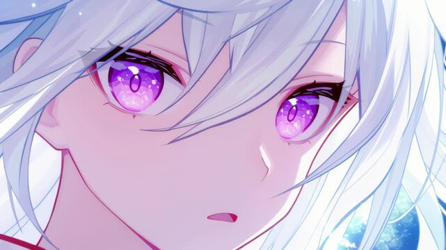 Captivating anime character with long white hair and striking purple eyes, holding sword in mystical blue background with sparkling magic