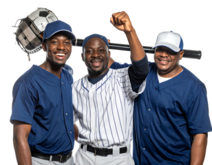Three baseball players smile with a bat over shoulders and one arm up in celebration against a black background