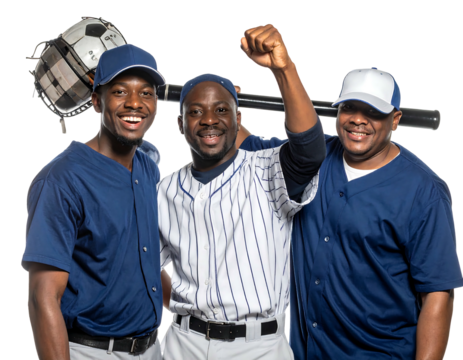 Three baseball players smile with a bat over shoulders and one arm up in celebration against a black background