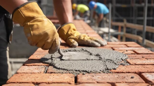 Close-up of a bricklayer's gloved hands spreading fresh mortar on a new brick wall at a construction site.