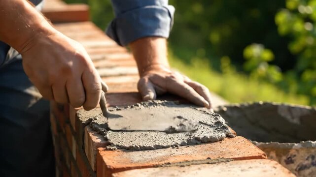 Masonry worker applying mortar to red brick wall with trowel