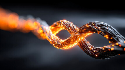 Cables twist and weave into a glowing infinity symbol, radiating vibrant light. The hyperrealistic scene symbolizes connectivity, endless energy, and the seamless flow of information and technology.